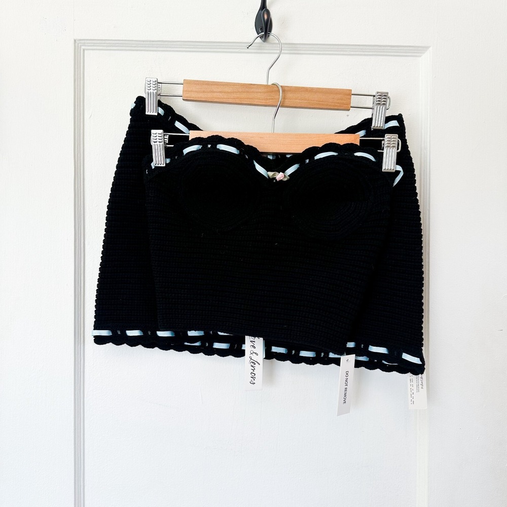 For Love & Lemons | NWT Kelsey Crochet Knit Mini Skirt and Top Set in Black SML - Picture 3 of 9